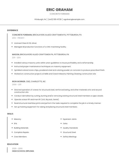 Concrete Foreman Resume