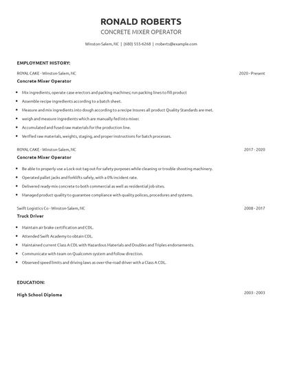 Concrete Mixer Operator Resume