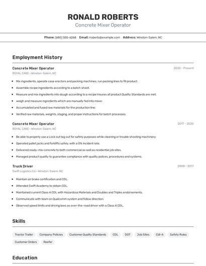 Concrete Mixer Operator Resume