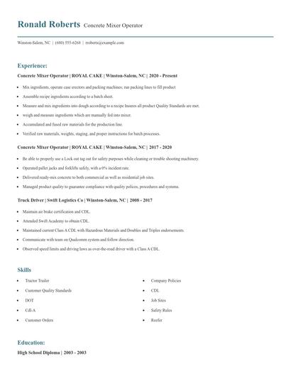 Concrete Mixer Operator Resume
