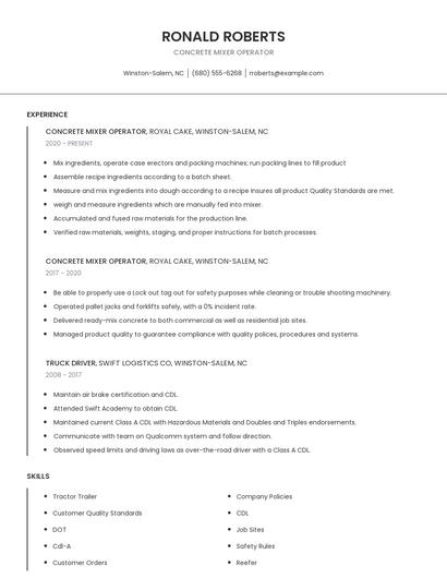 Concrete Mixer Operator Resume