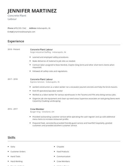 Concrete Plant Labour Resume