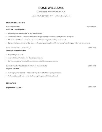Concrete Pump Operator Resume