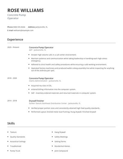 Concrete Pump Operator Resume