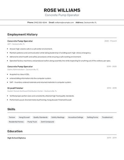 Concrete Pump Operator Resume
