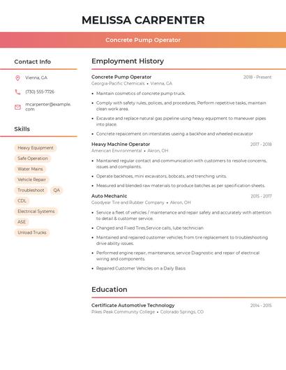 Concrete Pump Operator Resume