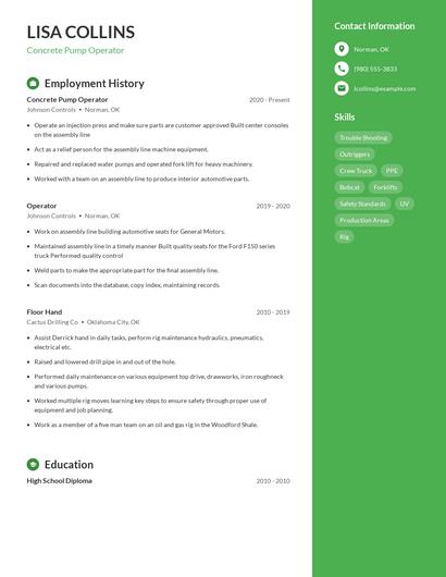 Concrete Pump Operator Resume