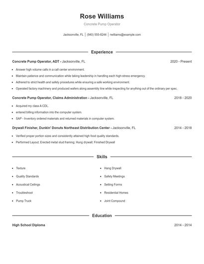 Concrete Pump Operator Resume