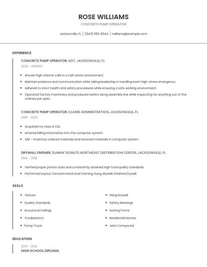 Concrete Pump Operator Resume