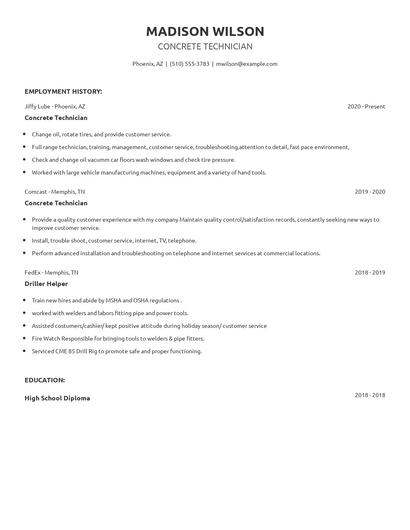 Concrete Technician Resume