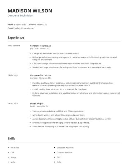 Concrete Technician Resume