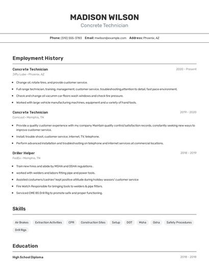 Concrete Technician Resume