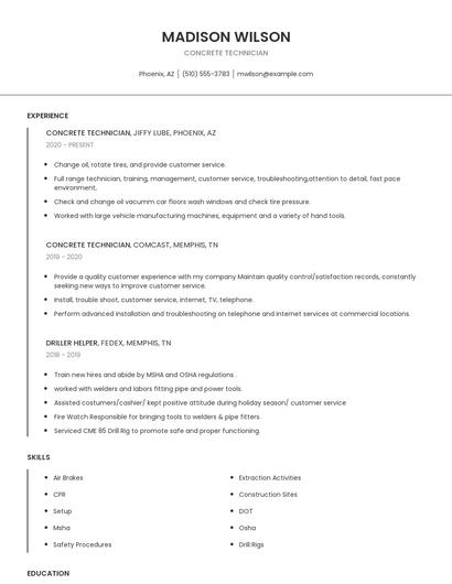 Concrete Technician Resume