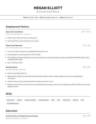 Concrete Truck Driver Resume