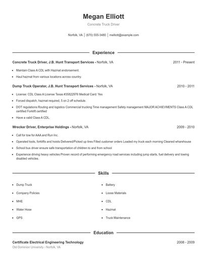 Concrete Truck Driver Resume