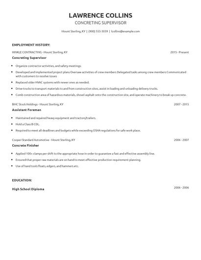 Concreting Supervisor Resume