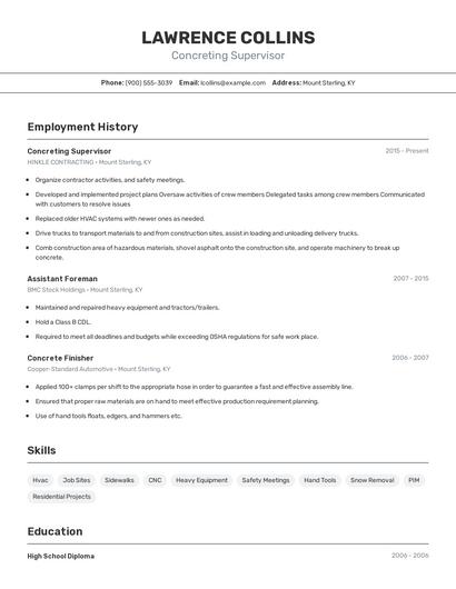 Concreting Supervisor Resume