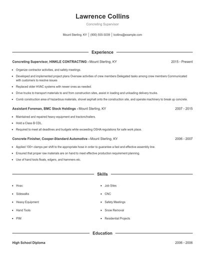 Concreting Supervisor Resume