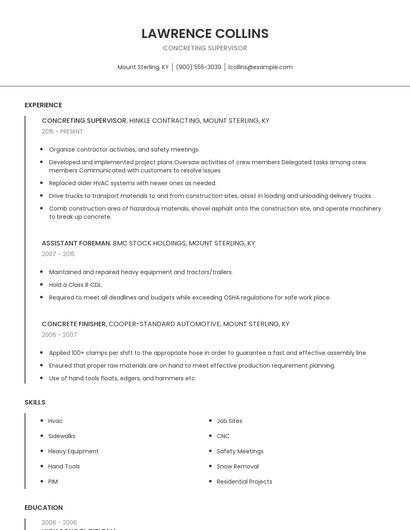 Concreting Supervisor Resume