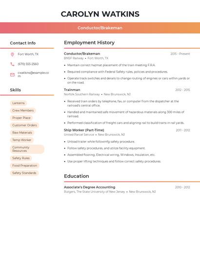 Conductor/Brakeman Resume