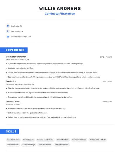 Conductor/Brakeman Resume