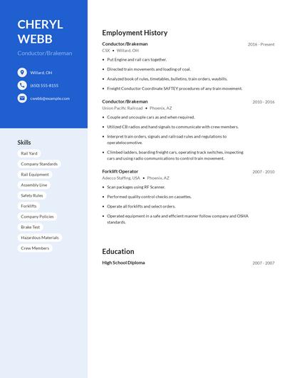 Conductor/Brakeman Resume