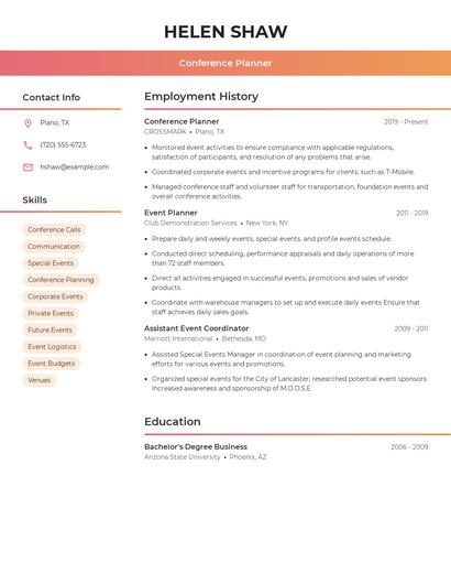 Conference Planner Resume