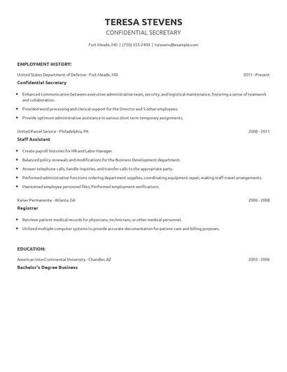 Confidential Secretary Resume