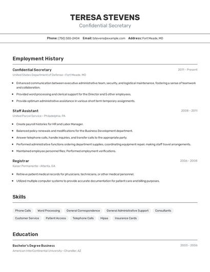 Confidential Secretary Resume