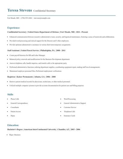 Confidential Secretary Resume
