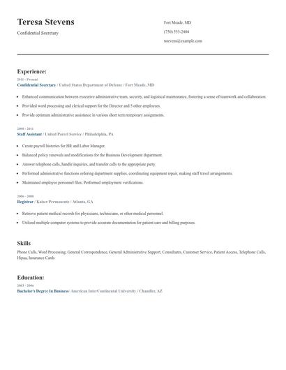 Confidential Secretary Resume