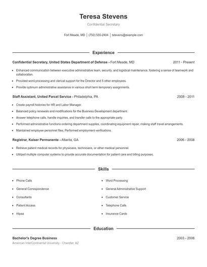 Confidential Secretary Resume
