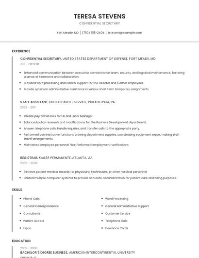 Confidential Secretary Resume