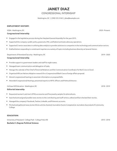 Congressional Internship Resume