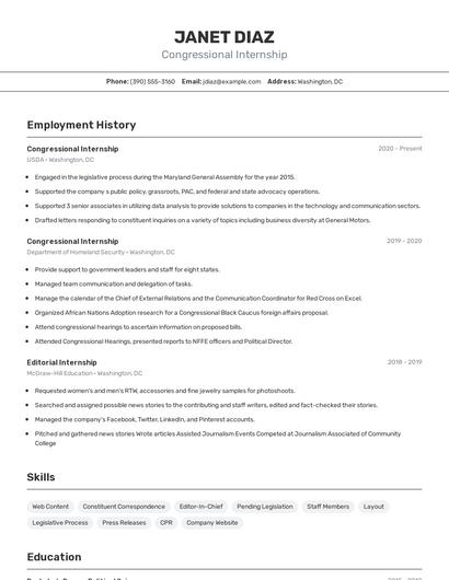 Congressional Internship Resume