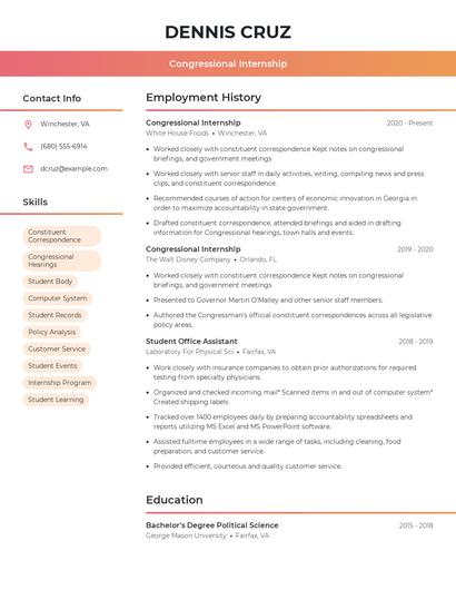 Congressional Internship Resume