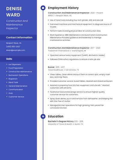 Construction And Maintenance Inspector Resume