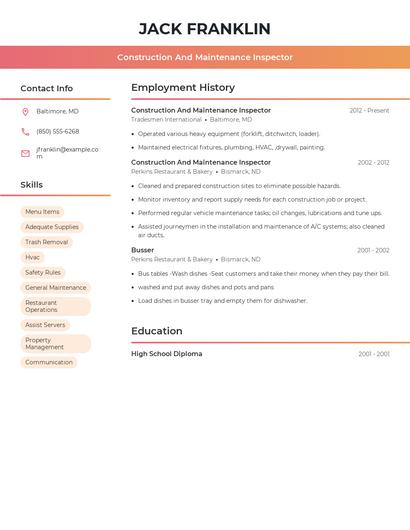 Construction And Maintenance Inspector Resume