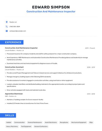 Construction And Maintenance Inspector Resume