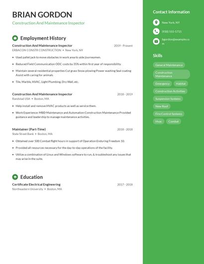 Construction And Maintenance Inspector Resume