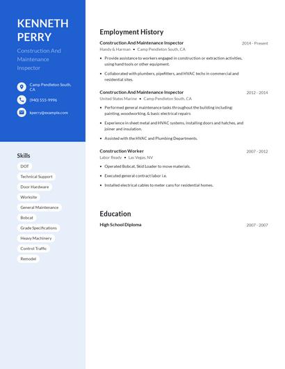 Construction And Maintenance Inspector Resume