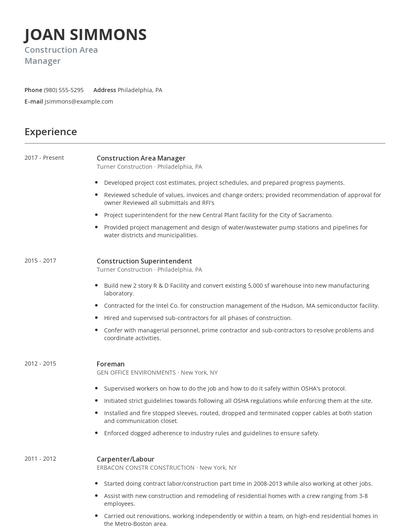 Construction Area Manager Resume