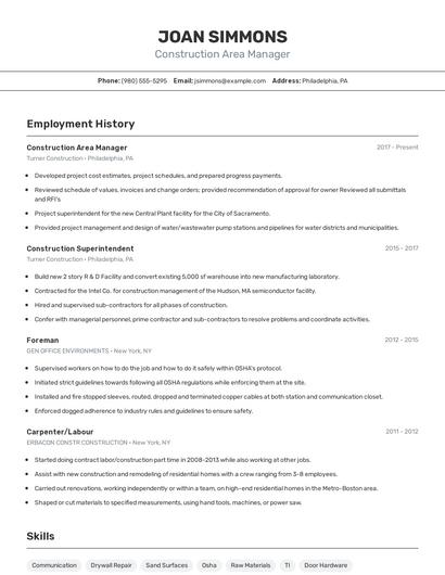 Construction Area Manager Resume