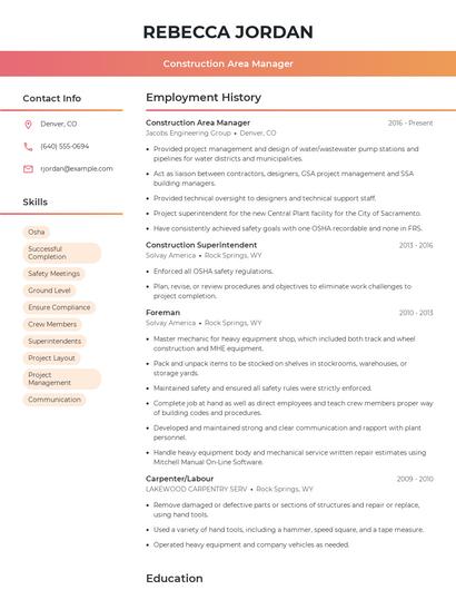Construction Area Manager Resume