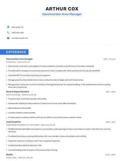 Construction Area Manager Resume