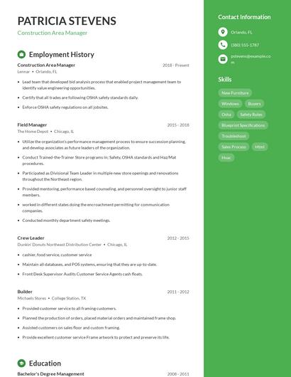 Construction Area Manager Resume