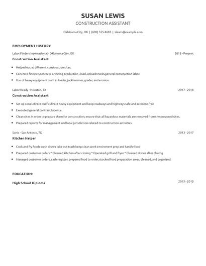 Construction Assistant Resume