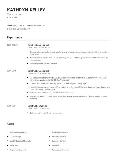 Construction Assistant Resume