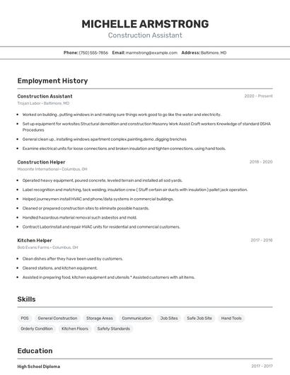 Construction Assistant Resume