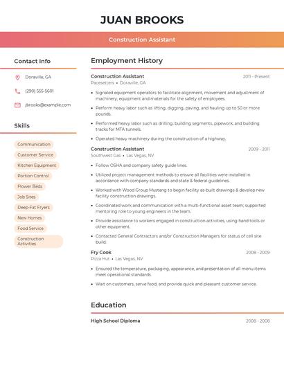 Construction Assistant Resume